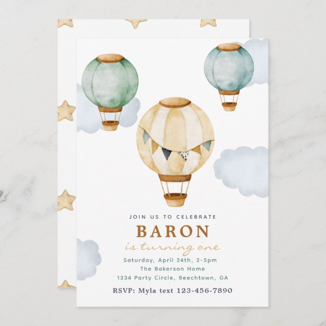 Boy Hot Air Balloon Birthday Invitations (Front/Back)