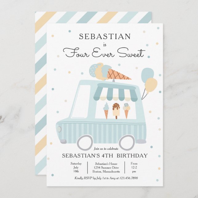 Boy Ice Cream Truck Four Ever Sweet 4th Birthday Invitation (Front/Back)