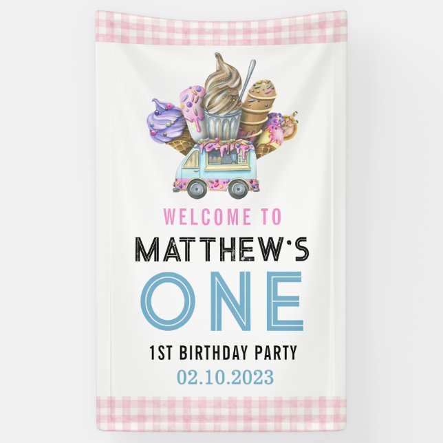  Boy Ice Cream Truck Two Sweet 2nd Birthday Party Banner (Vertical)