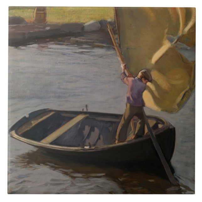 Boy in a Sailboat on the River (by Magnus Enckell) Ceramic Tile (Front)