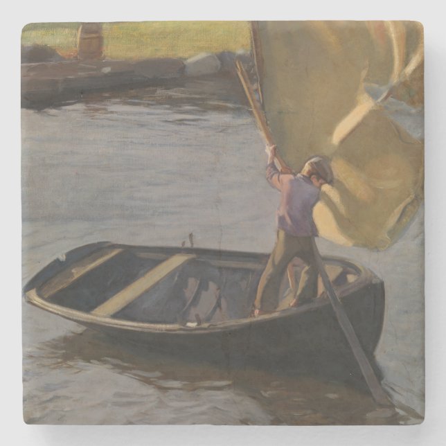 Boy in a Sailboat on the River (by Magnus Enckell) Stone Coaster (Front)