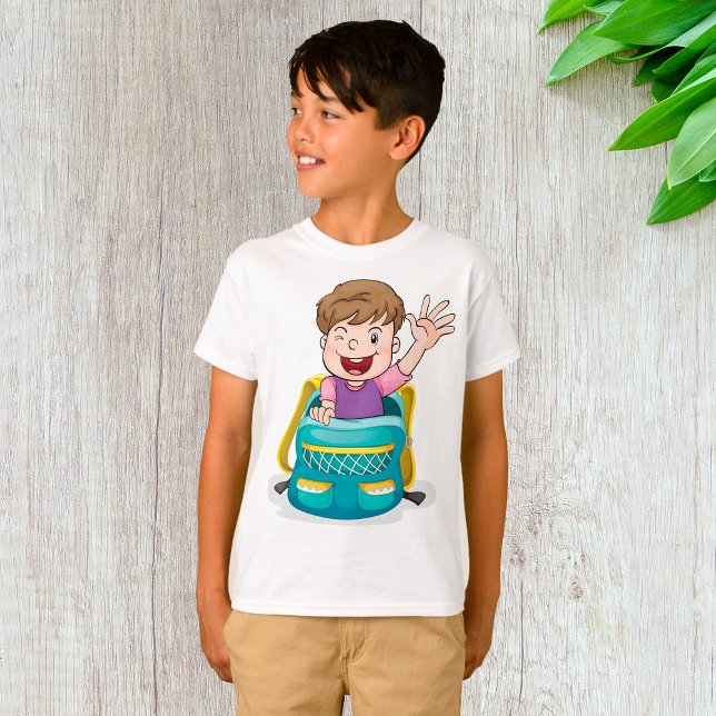 Boy in Backpack Waving Fun School Kid T-Shirt (Creator Uploaded)