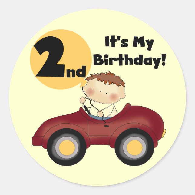 Boy in Red Car 2nd Birthday Tshirts and Gifts Classic Round Sticker (Front)