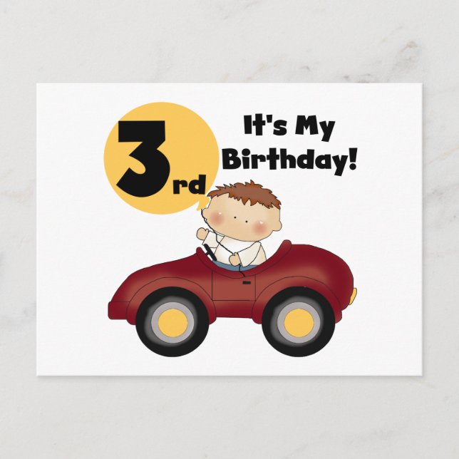 Boy in Red Car 3rd Birthday T-shirts and Gifts Postcard (Front)
