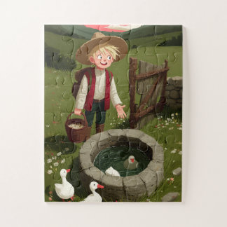 Boy in Straw Hat with Geese by Stone Well Jigsaw Puzzle