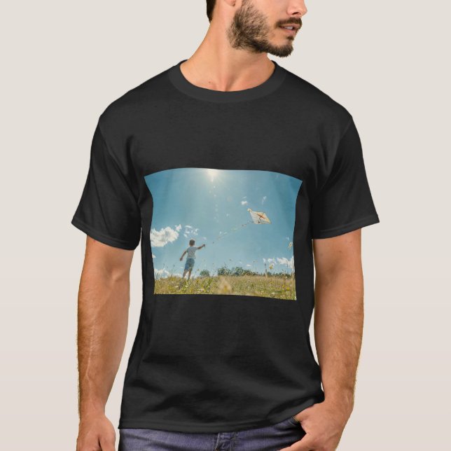 Boy Joyfully Flying a Kite T-Shirt (Front)