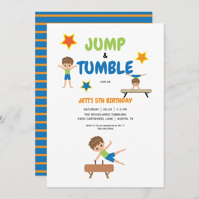 Boy Jump & Tumble Gymnastics Birthday Party Invitation (Front/Back)