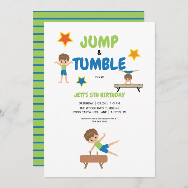 Boy Jump Tumble Gymnastics Birthday Party Invitation (Front/Back)