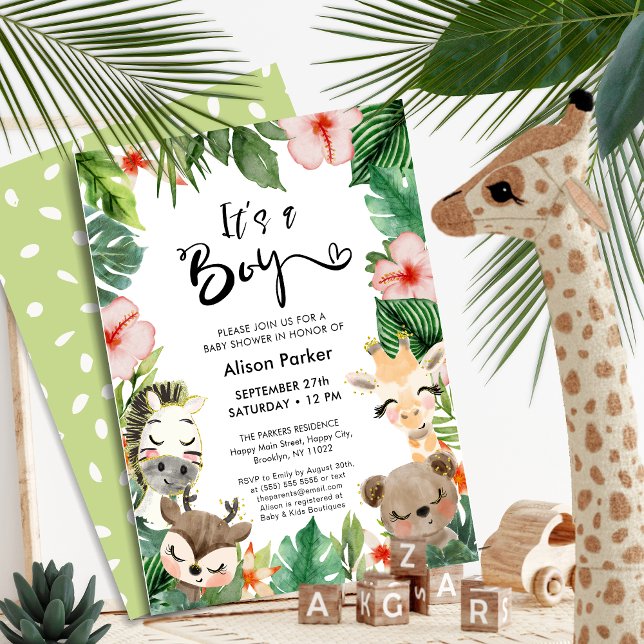 Boy Jungle Safari Tropical Greenery Baby Shower Invitation (Creator Uploaded)