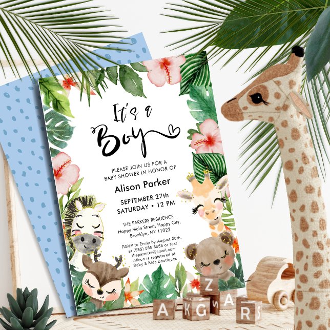 Boy Jungle Safari Tropical Greenery Baby Shower Invitation (Creator Uploaded)