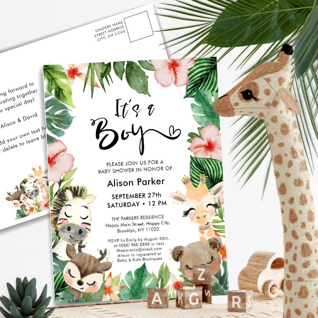 Boy Jungle Safari Tropical Greenery Baby Shower Invitation Postcard (Creator Uploaded)