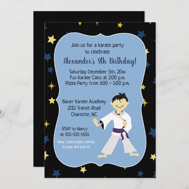 Boy Karate Birthday Purple Belt Dark Hair Invitation (Front/Back)
