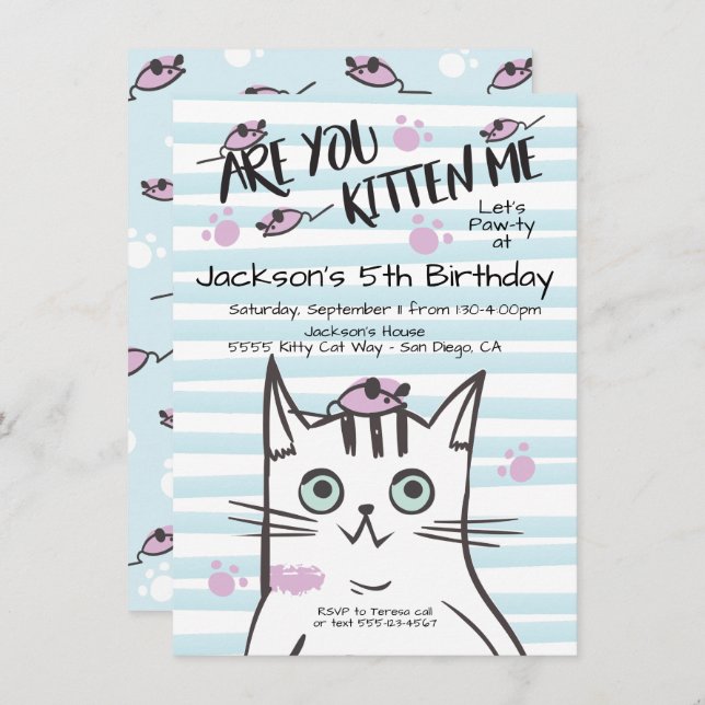 Boy Kitty Cat Birthday Party Invitation (Front/Back)