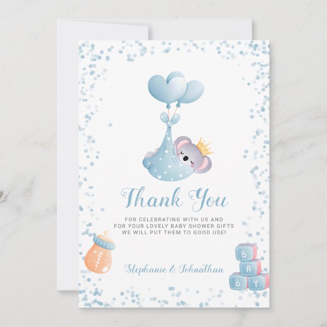 Boy Koala Bear Blue Thank You Baby Shower Card (Front)