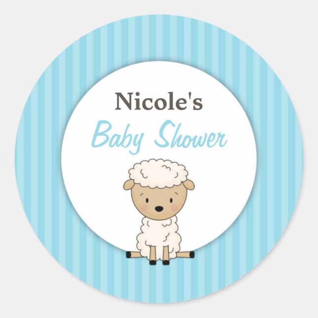 Boy Lamb Baby Shower Blue Stripe Classic Round Sticker (Front)