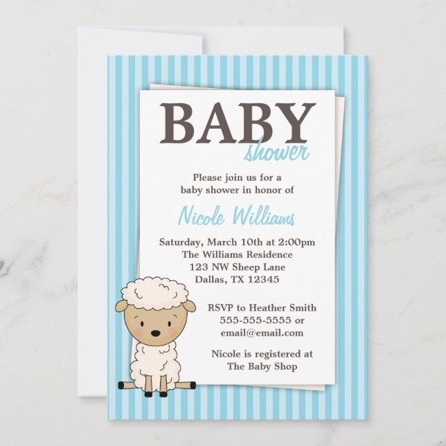 Boy Lamb Baby Shower Blue Stripe Invitations (Front)