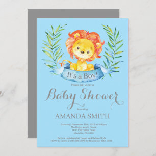 Boy Lion Baby Shower Invitation Blue and Grey