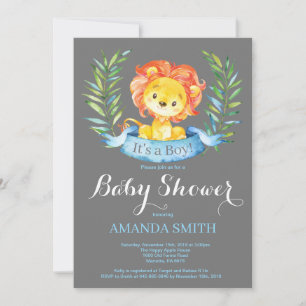 Boy Lion Baby Shower Invitation Blue and Grey