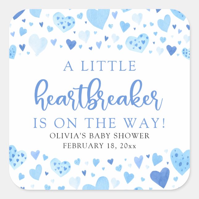 Boy Little Heartbreaker Blue Valentine Baby Shower Square Sticker (Front)