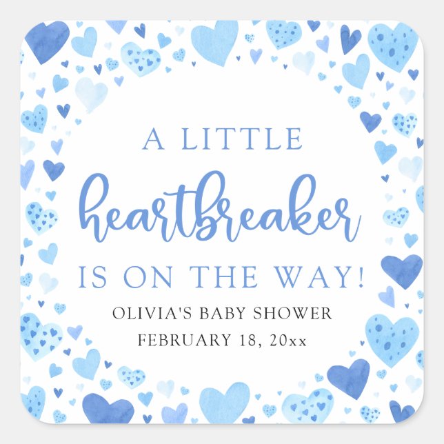 Boy Little Heartbreaker Blue Valentine Baby Shower Square Sticker (Front)