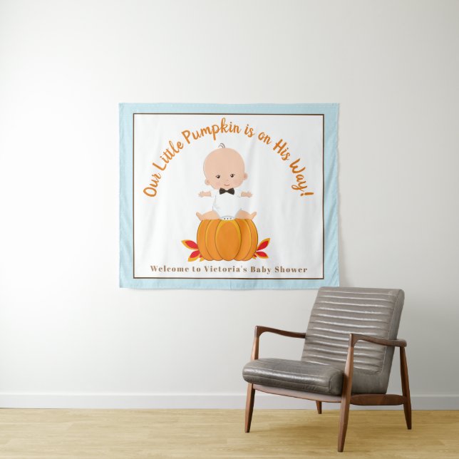 Boy Little Pumpkin Baby Shower Banner Backdrop Tapestry (In Situ (Horizontal))