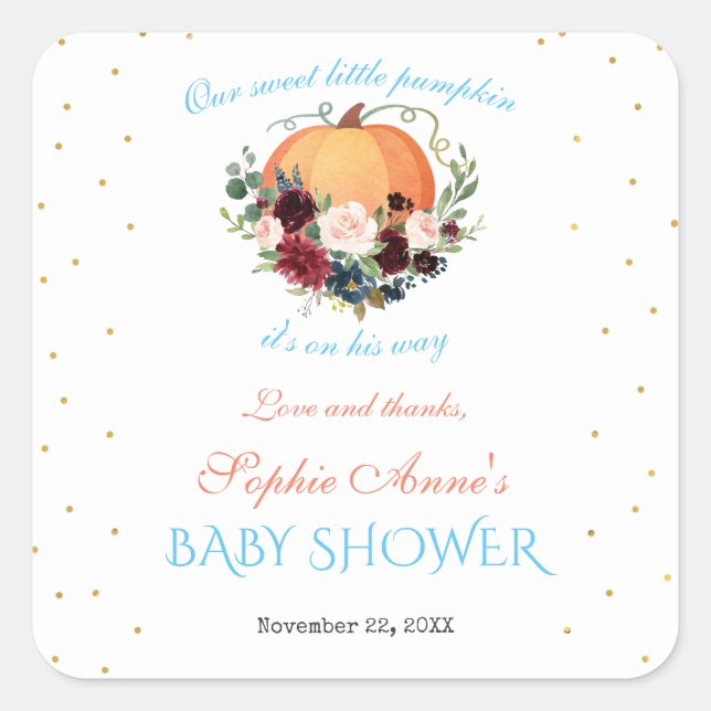 Boy Little Pumpkin Burgundy Floral Baby Showe Square Sticker (Front)