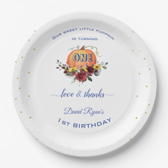  Boy Little Pumpkin Thanksgiving 1st Birthday    Paper Plate (Front)
