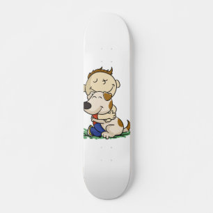 Boy lovingly hugging his dog   choose back color skateboard