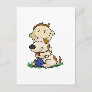 Boy lovingly hugging his dog   choose back colour postcard
