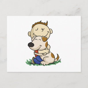 Boy lovingly hugging his dogs  choose back postcard