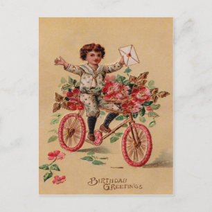 Boy Mail Pink Flower Bicycle Birthday Postcard