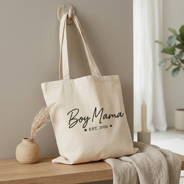 Boy Mama Script Est Year Modern Motherhood Quote Tote Bag (Creator Uploaded)