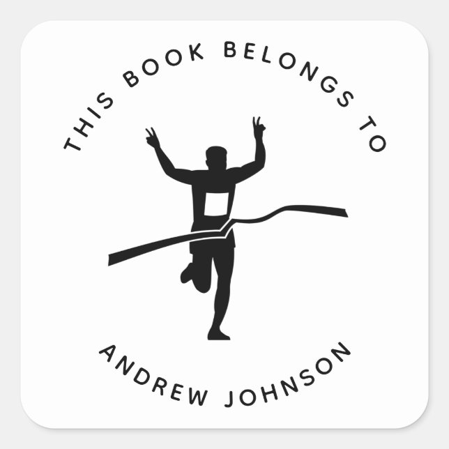 Boy Marathon Runner Track Athlete Bookplate Square Sticker (Front)