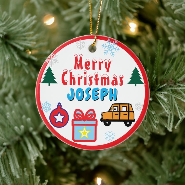 Boy Merry Christmas Trees Orange Car Ceramic Ornament (Tree)