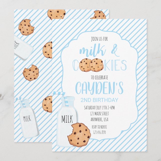 Boy Milk and Cookies blue Birthday Invitation (Front/Back)