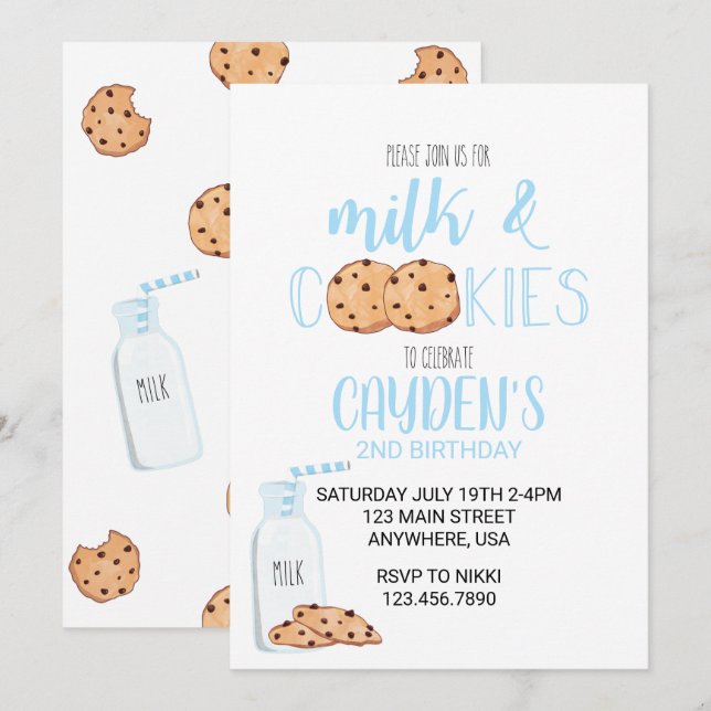 Boy Milk and Cookies Blue Birthday Invitation (Front/Back)