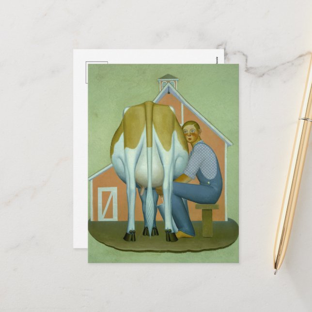 Boy milking a Cow by Grant Wood Holiday Postcard (Front/Back In Situ)