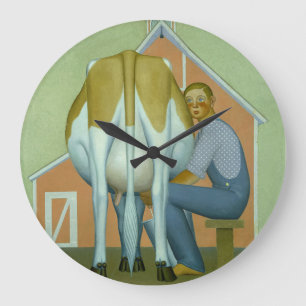 Boy milking a Cow by Grant Wood Large Clock