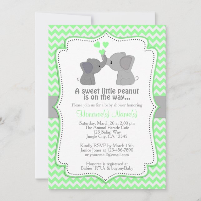 Boy Mint Elephant Baby Shower Invitations Chev 362 (Front)