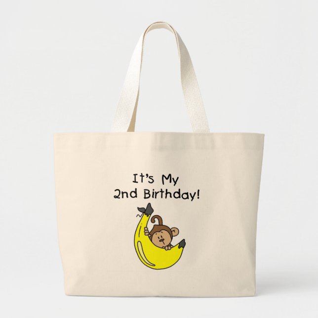 Boy Monkey on Banana 2nd Birthday Large Tote Bag (Front)