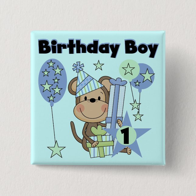 Boy Monkey With Gifts 1st Birthday 15 Cm Square Badge (Front)