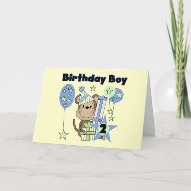Boy Monkey With Gifts 2nd Birthday Tshirts Card (Front)