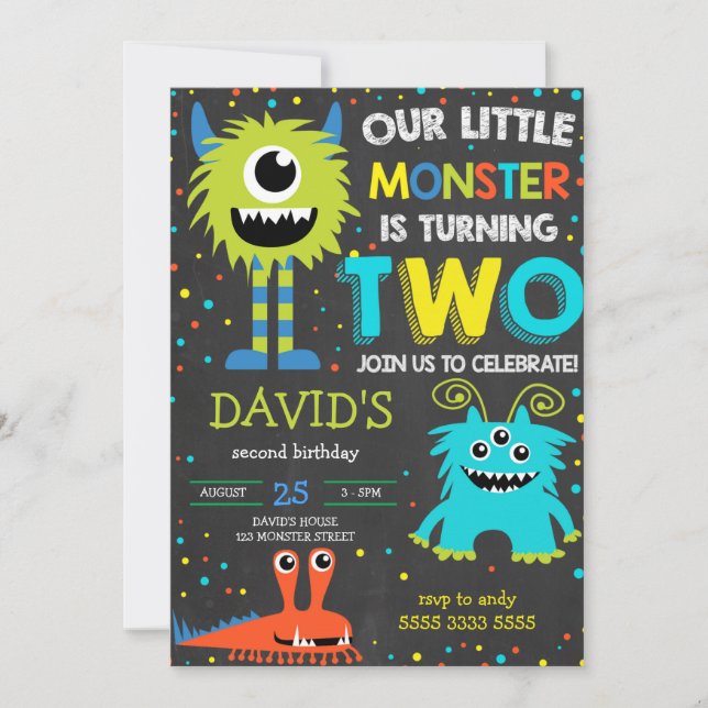 Boy Monster 2nd Birthday Little Monster Chalk Invitation (Front)