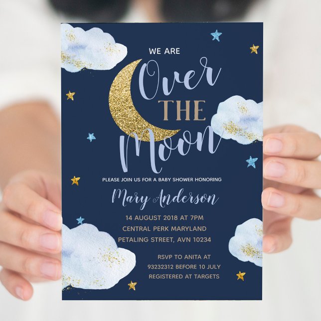Boy Moon Lilac Blue and Gold Baby Shower Invitation (Creator Uploaded)