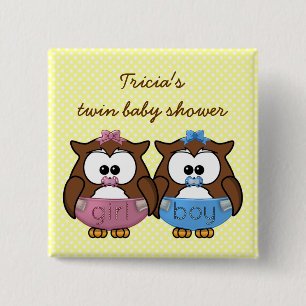boy 'n girl baby owl 15 cm square badge