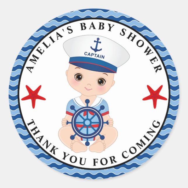 Boy Nautical Baby Shower Classic Round Sticker (Front)