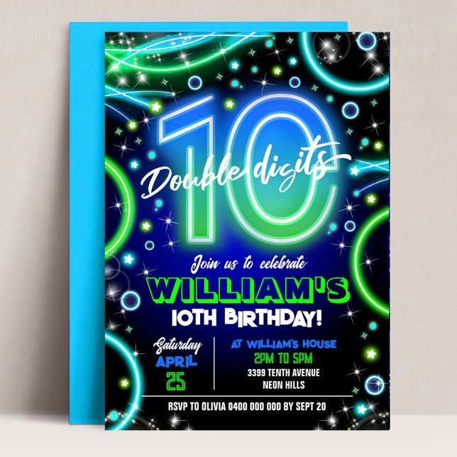 Boy Neon 10th Birthday Invitation Double Digits (Neon 10th Birthday Invitation. Boy Double Digits invitation. Blue Green Neon 10th Birthday Party)