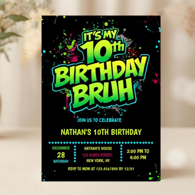 Boy Neon 10th Birthday Invitation Graffiti Style (neon 10th birthday invitation, double digits birthday invitation, editable double digits invitation,)