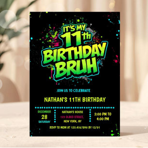 Boy Neon 11th Birthday Invitation Graffiti Style