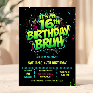 Boy Neon 16th Birthday Invitation Graffiti Style